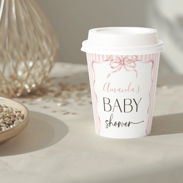 Gobelets En Papier Coquette Pink Bow Wavy Stripe Girl Baby Shower (Créateur téléchargé)