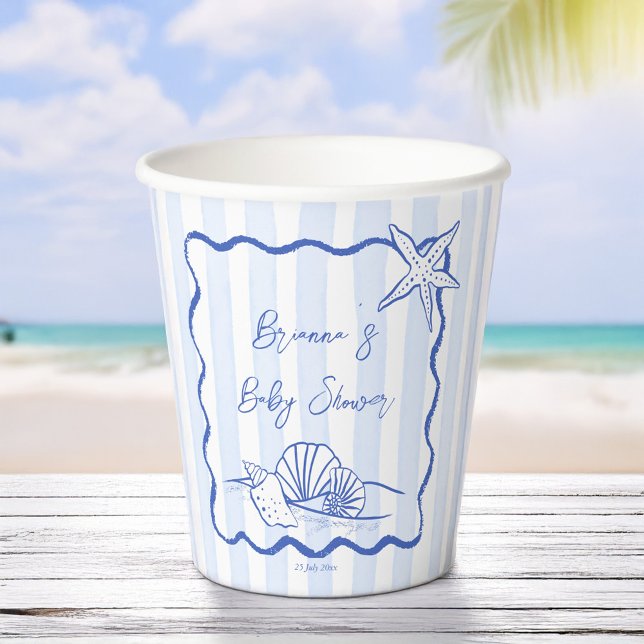 Gobelets En Papier Coquillages ondulé bordure bleu rayures baby showe (Seashells wavy border blue stripes beach nautical baby shower personalized paper cups)