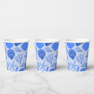 Gobelets En Papier Coquilles Bleues et Motif de Corail Plage Personna