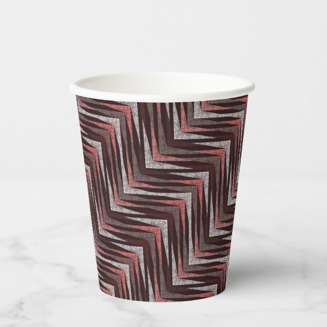 Gobelets En Papier Corail, gris, motif brun zigzag. (Recto)