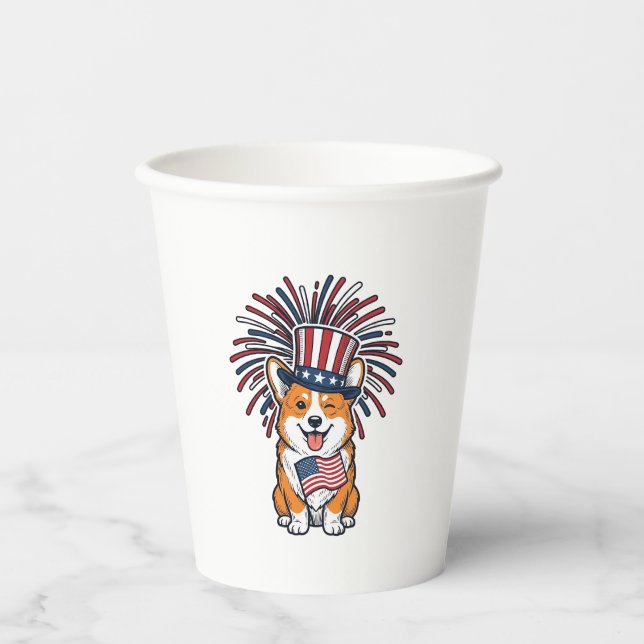 Gobelets En Papier Corgi patriote Feu d'artifice Chien Conception vec (Recto)