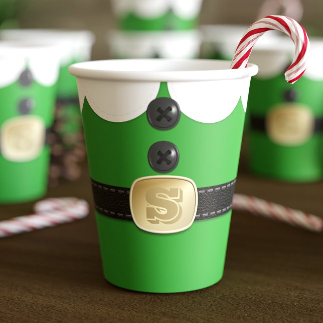 Gobelets En Papier Costume Elfe de Noël Vert Coupes de papier de vaca (Fun and festive paper cups inspired by a Christmas elf. Just add your initial to the belt)