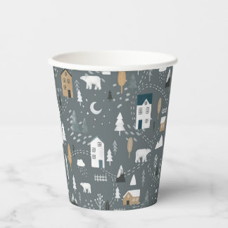 Gobelets En Papier Cosy bleu gris hiver dans le village nordique