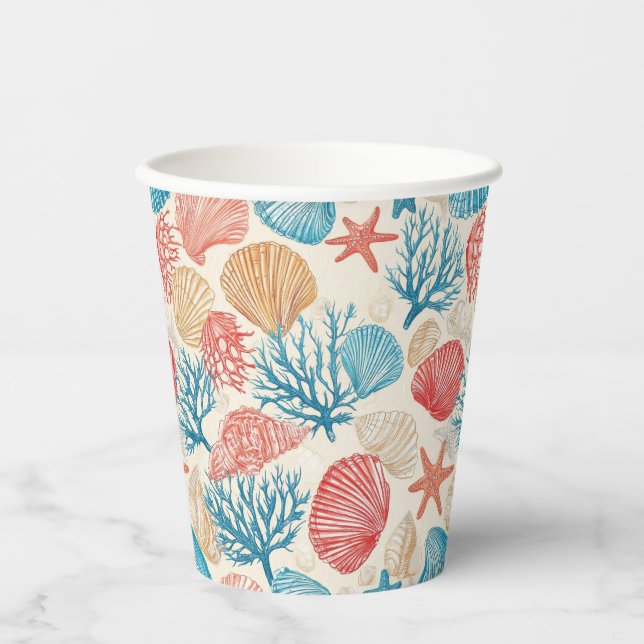 Gobelets En Papier Côtière rustique - Coquillages, Poisson étoilé, Ba (Recto)