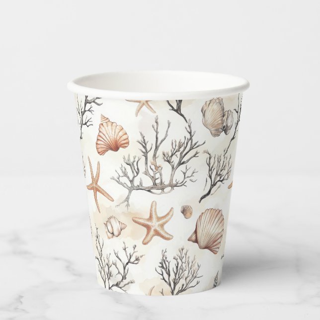 Gobelets En Papier Côtière rustique - Coquillages, Starfish, Reef (31 (Recto)