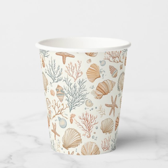 Gobelets En Papier Côtière rustique - Coquillages, Starfish, Reef (32 (Recto)