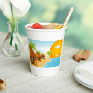 Gobelets En Papier Coucher de soleil tropical avec des huttes de chau
