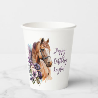 Gobelets En Papier Coupe d'anniversaire de cheval aux fleurs violette