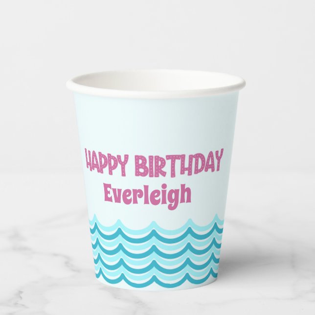 Gobelets En Papier Coupe d'anniversaire de natation turquoise et rose (Recto)