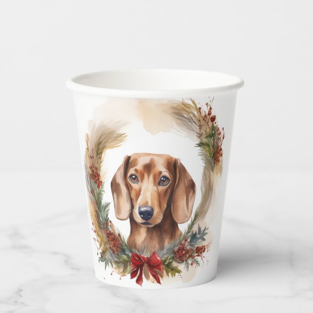 Gobelets En Papier Coupe de fête de la couronne de Noël de Dachshund (Recto)