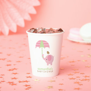 Gobelets En Papier Coupe de papier Baby shower rose et vert éléphant