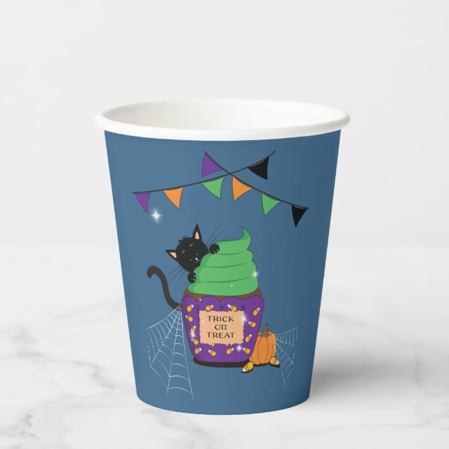 Gobelets En Papier Coupe de papier bleu Halloween Chat noir mignon (Recto)