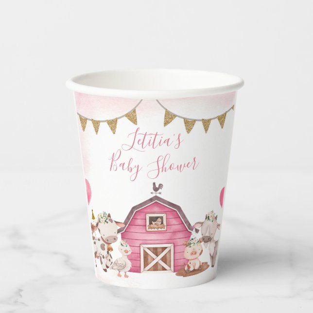 Gobelets En Papier Coupe de papier de Baby shower de ferme rose fille (Recto)
