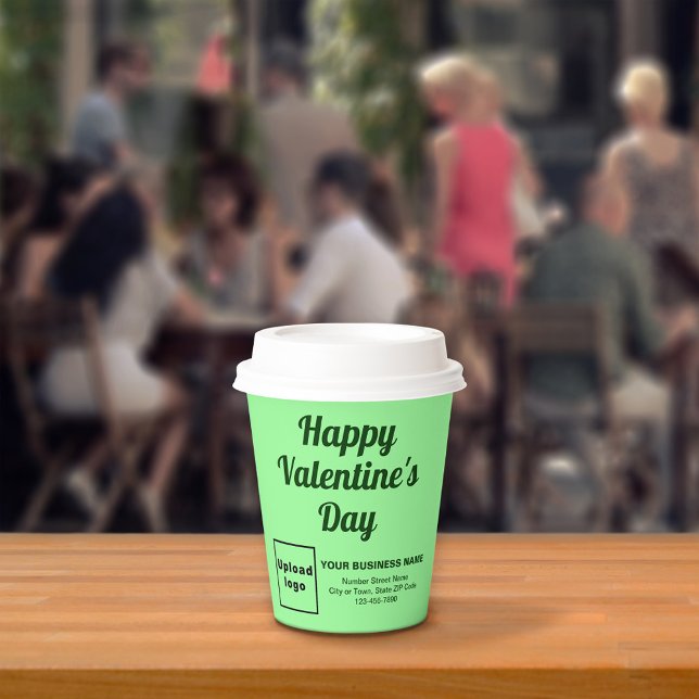 Gobelets En Papier Coupe de papier vert léger Valentine (Business brand with Happy Valentine's Day greeting on light green paper cup.)