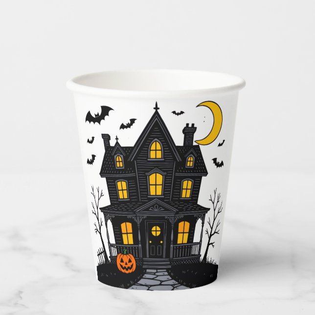 Gobelets En Papier Coupe Halloween en papier avec Haunted House Desig (Recto)