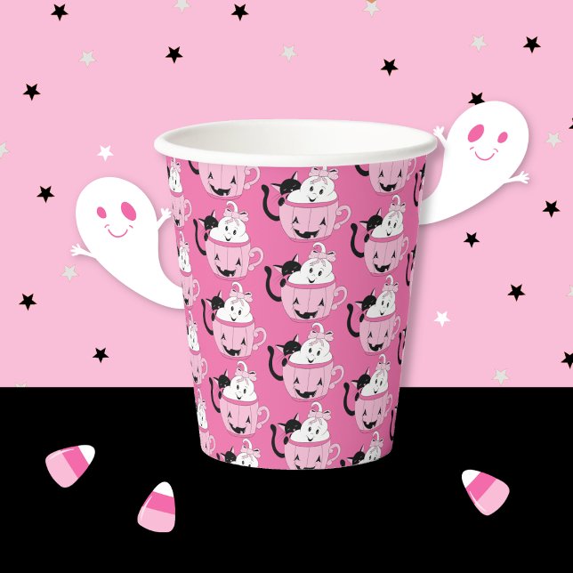 Gobelets En Papier Coupe Motif en papier rose pour les mignons potes  (Spooky cute Halloween buddies pattern pink paper cup .)