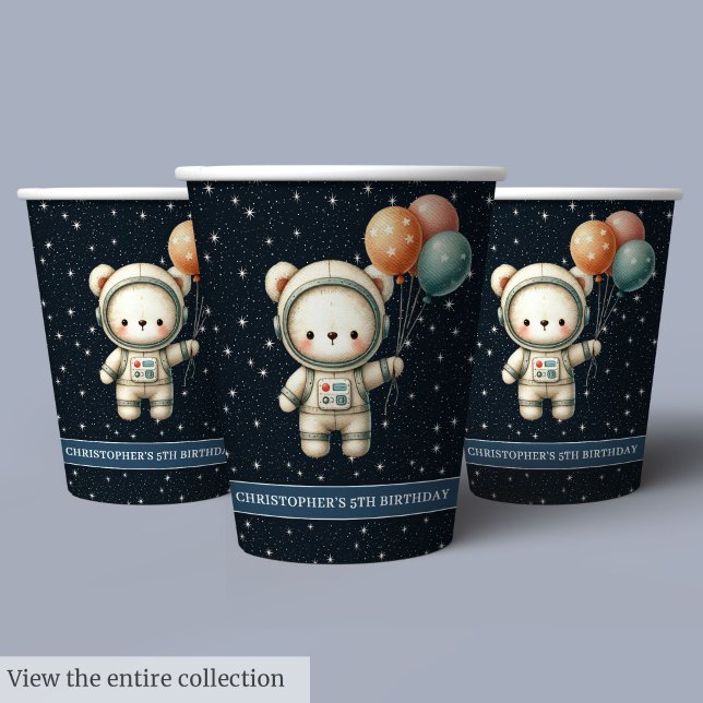 Gobelets En Papier Coupes de fête d'anniversaire de garçon personnali (Personalized Boy Birthday Party Cups Teddy Bear Astronaut)