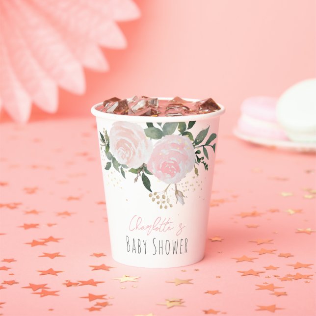 Gobelets En Papier Coupes en papier Baby shower rose floral (Insitu)
