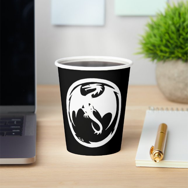 Gobelets En Papier Coupes en papier noir Dragon blanc (Insitu)
