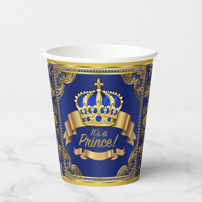 Gobelets En Papier Coupes en papier Royal Blue Gold Prince Baby showe (Recto)