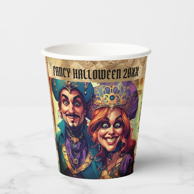 Gobelets En Papier Couple de caricature fou habillé en violet (Recto)