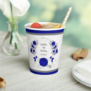 Gobelets En Papier couronne botanique argentée de fleurs bleues royal