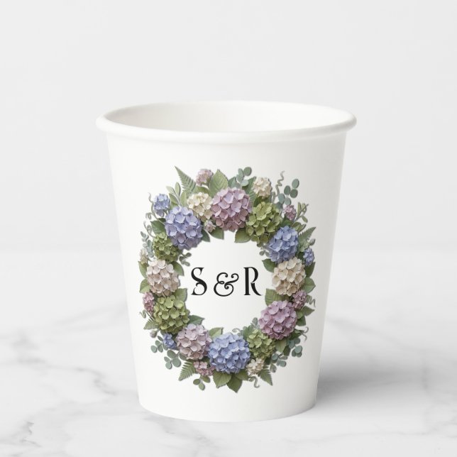 Gobelets En Papier Couronne de mariage Hydrangea Monogramme (Recto)