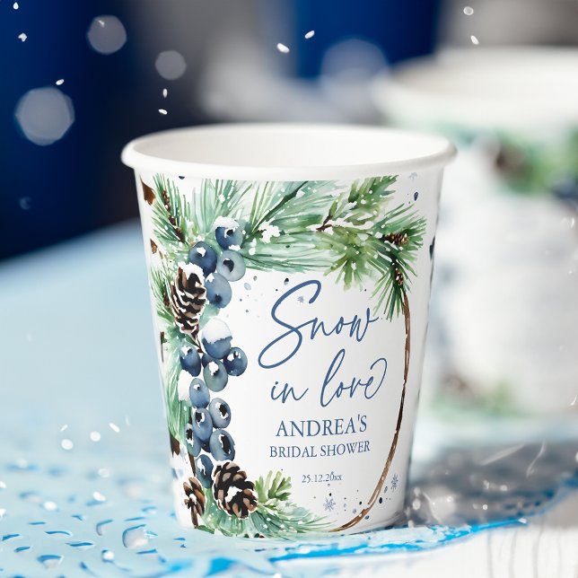 Gobelets En Papier Couronne de pins de mariage hivernal sous la neige (Snow in love winter bridal shower pines wreath personalized paper cups monogrammed tableware)
