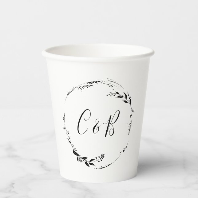 Gobelets En Papier Couronne florale à monogramme blanc pour mariage (Recto)