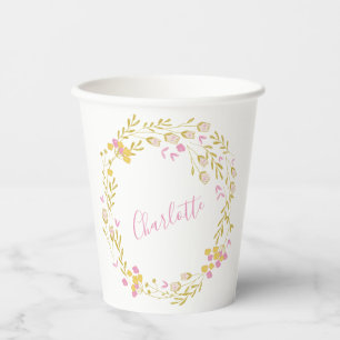 Gobelets En Papier Couronne florale en or rose Nom personnalisé Fête