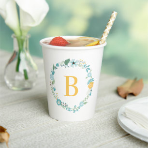 Gobelets En Papier Couronne florale monogrammée aqua et jaune