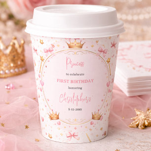 Gobelets En Papier Couronne Princesse en Or Rose Conte de Fées 1er An