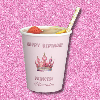 Gobelets En Papier Couronne rose, princesse de conte de fées, anniver