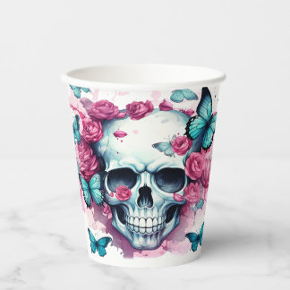Gobelets En Papier Crâne d'Halloween et tasses de papier de fleurs