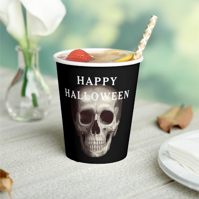 Gobelets En Papier Crâne effrayant noir Halloween Adulte (Insitu)