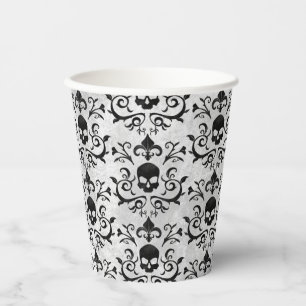 Gobelets En Papier Crâne floral damassé gothique foncé (noir et blanc