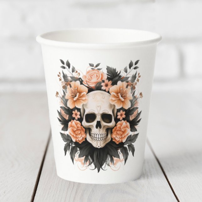 Gobelets En Papier Crâne floral vintage (Add a little elegance to your Halloween party with these spooky skull paper cups.)