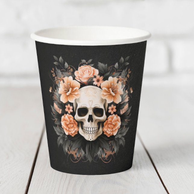 Gobelets En Papier Crâne floral Vintage personnalisé (Add a little elegance to your Halloween party with these spooky skull paper cups.)