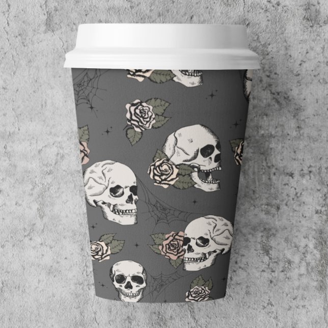 Gobelets En Papier Crânes gothiques noirs et Halloween Rose (Purple Gothic Skull Paper Cup. Elegant Pattern of Hand Drawn Skulls & Roses for Fall Halloween Party)
