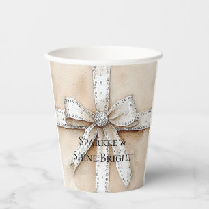 Gobelets En Papier Crème Blanc Argent Glitzy Glam Bow anniversaire
