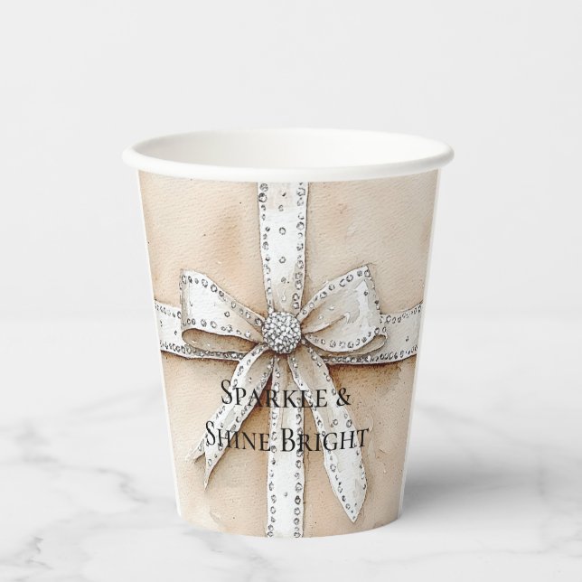 Gobelets En Papier Crème Blanc Argent Glitzy Glam Bow anniversaire (Recto)