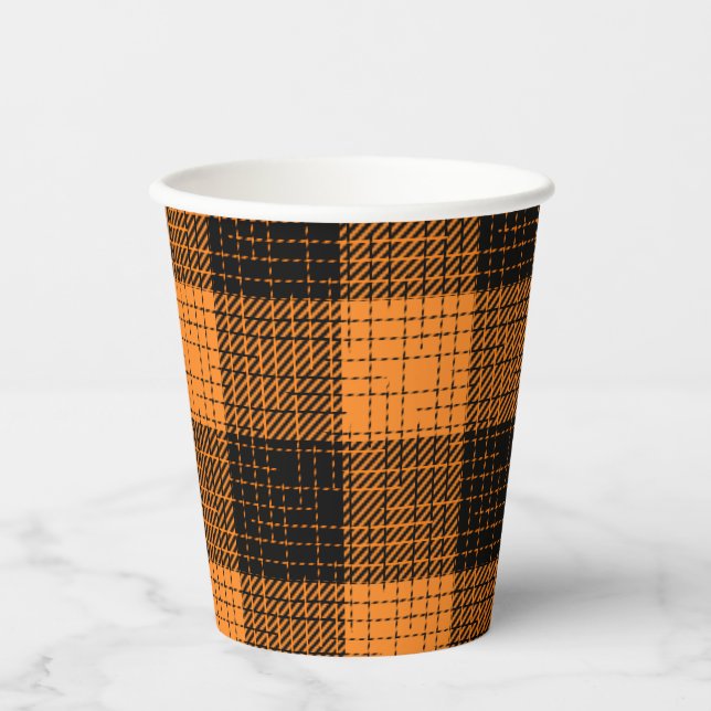 Gobelets En Papier Croisillon à carreaux orange et noir de style buff (Recto)