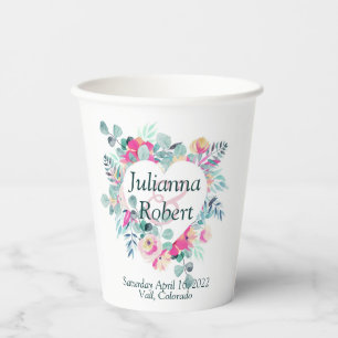 Gobelets En Papier Cups en papier mariage coeur floral aquarelle rose
