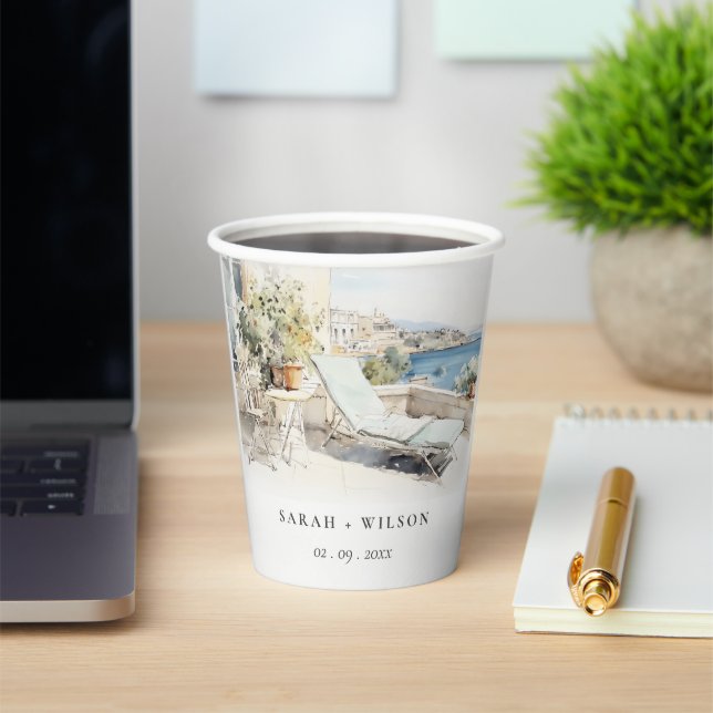 Gobelets En Papier Curfu Grèce Mariage de paysage aquarelle (Insitu)