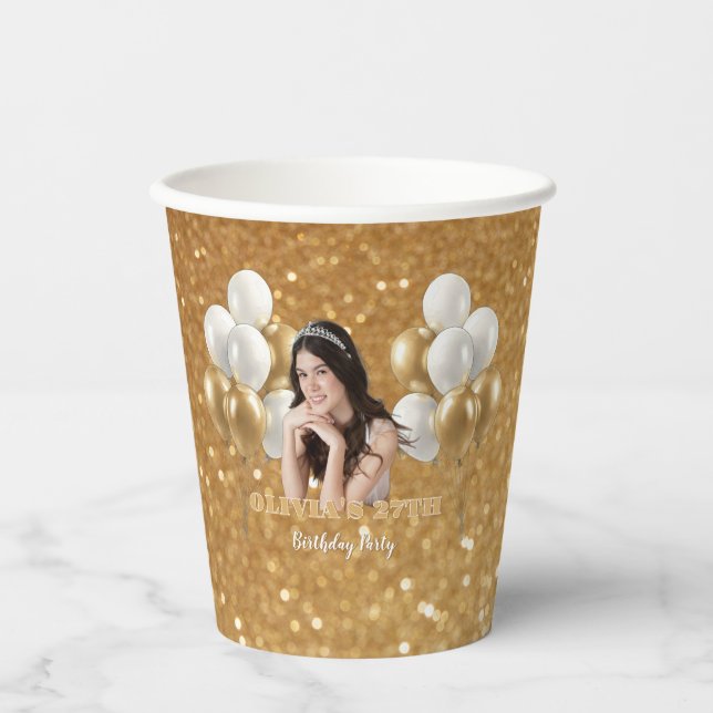 Gobelets En Papier Custom Photo Birthday Set of 8 Paper Cups Gold (Recto)