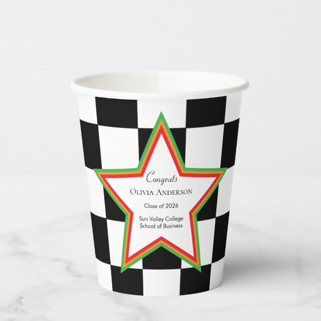 Gobelets En Papier Custom Text, Checkered Graduation Party Paper Cups (Gauche)