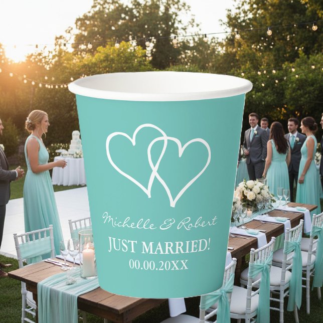 Gobelets En Papier Custom wedding party cups with interlocking hearts (teal wedding party cups)