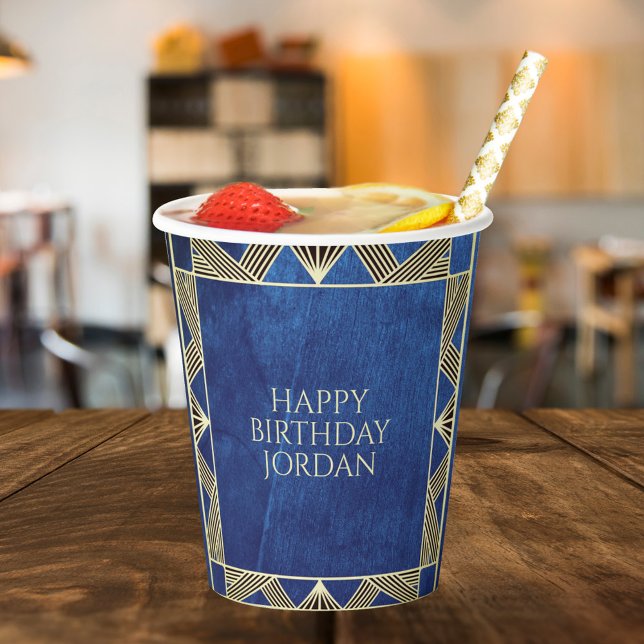 Gobelets En Papier Custom Wood Modern Marine Blue Masculine Anniversa (Créateur téléchargé)