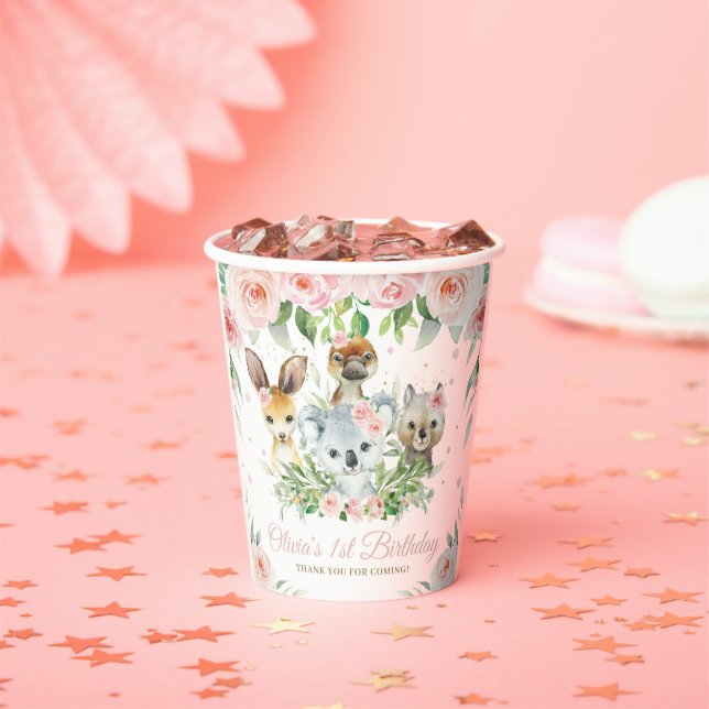 Gobelets En Papier Cute Australian Animaux Rose Floral 1er anniversai (Insitu)