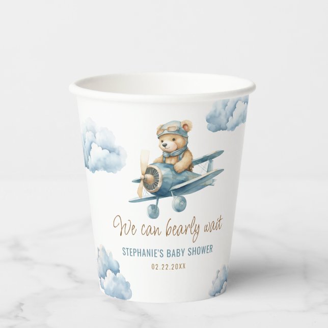 Gobelets En Papier Cute Bear Avion Blue Boy Baby shower (Recto)